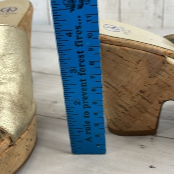 DEE KELLER gold Leather Cork Heel Wedge Platform Mule Sandals - Picture 14 of 14